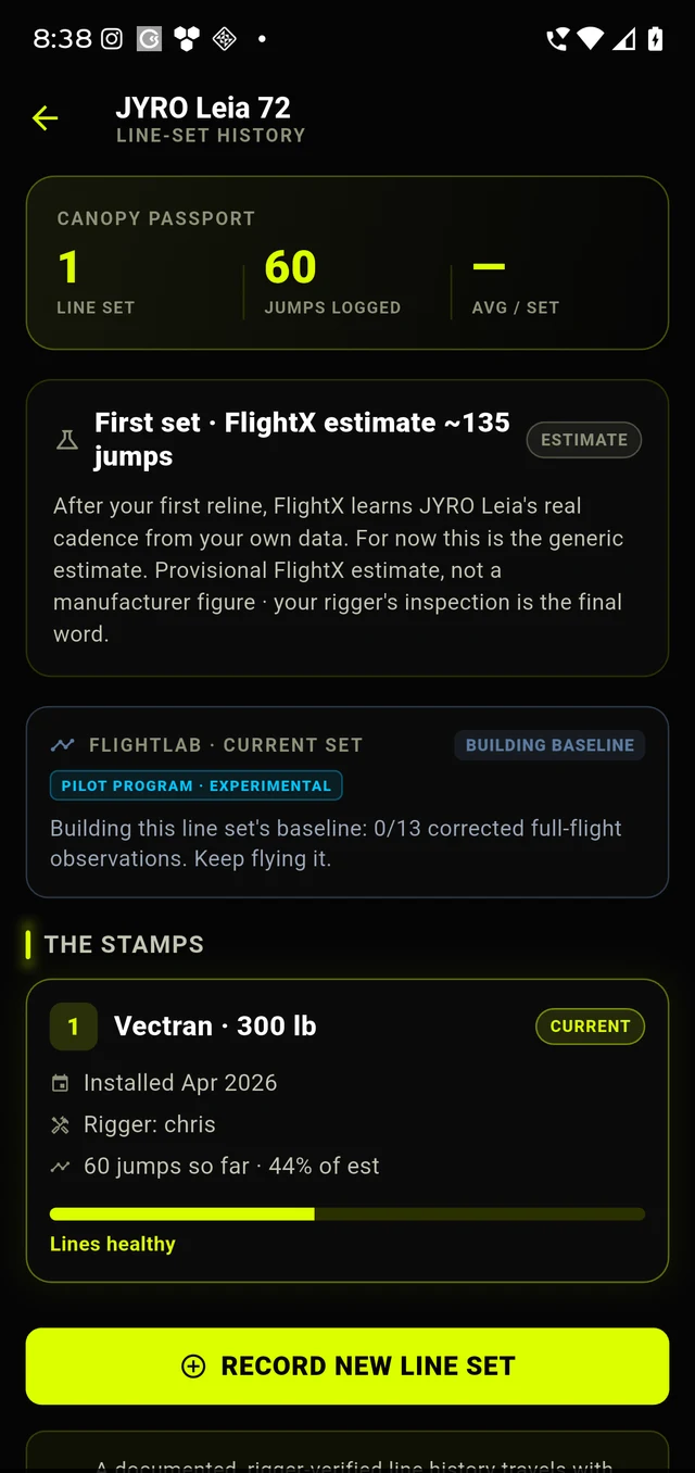 The line-set history screen, showing the number of line sets, jumps logged, a provisional FlightX reline estimate labelled as an estimate, and the current line set stamped with its material, break strength, install date and rigger.