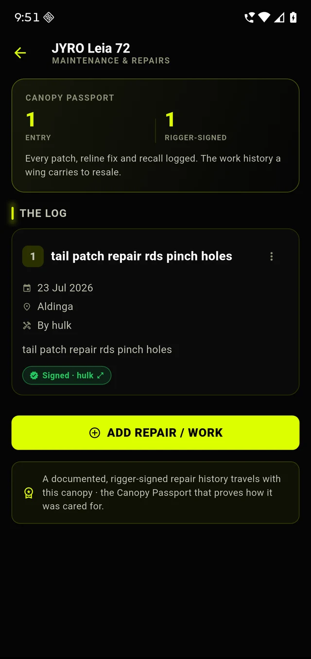 The maintenance and repairs screen, showing one logged entry with its date, place and the rigger who did the work, carrying a rigger-signed badge.